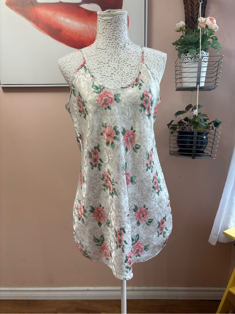 Vintage Floral Slip Dress in White and Pink